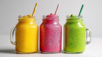 Three different colored smoothies in glass jars photo
