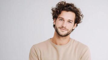 A man with curly hair and a tan shirt photo
