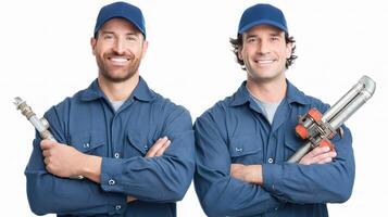 Two men in blue work clothes holding tools photo
