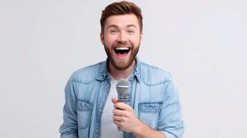 A man with a beard and a blue shirt is holding a microphone photo
