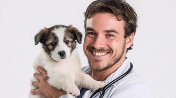 A man in a white coat holding a puppy photo