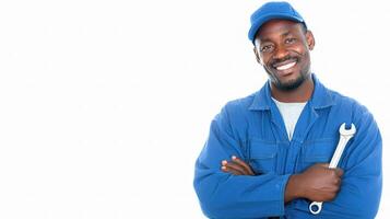A smiling black man in a blue uniform photo