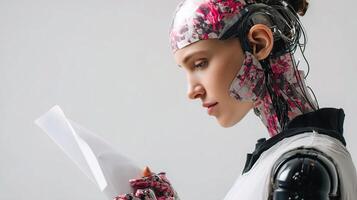 A woman with a robot head holding a piece of paper photo