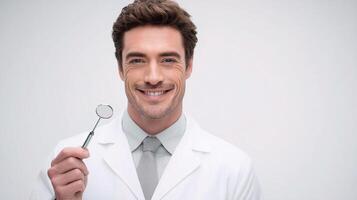 A man in a white coat holding a stethoscope photo