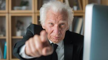 An old man in a suit pointing at a computer screen photo