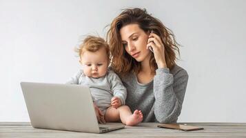 A woman and baby sitting at a table with a laptop photo