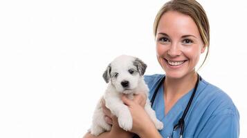 A woman in a blue scrub suit holding a puppy photo