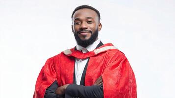 A black man in a graduation robe and red robe photo