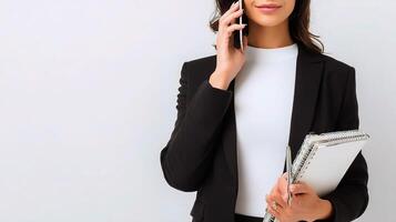 A woman in a business suit holding a notebook and talking on the phone photo