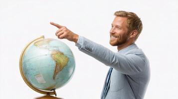 A man in a suit pointing at a globe photo