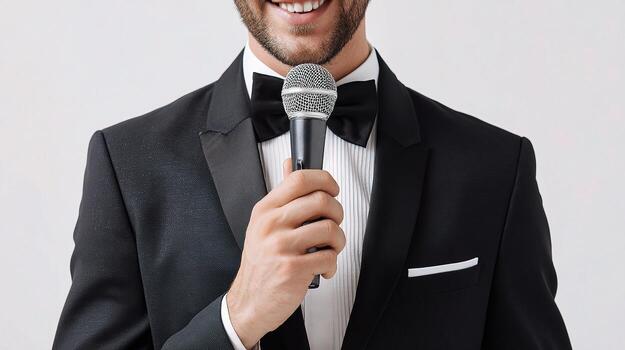 A man in a tuxedo holding a microphone photo