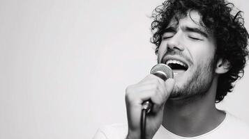 A man with curly hair singing into a microphone photo