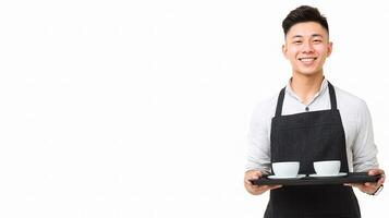 Happy Asian Barista with Tray of Drinks in Stylish Apron photo