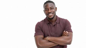 A man in a maroon shirt is smiling photo