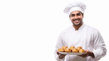 A man in a chef's uniform holding a plate with pastries photo