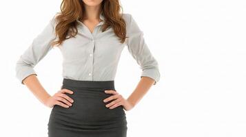 A woman in a skirt and shirt posing for the camera photo