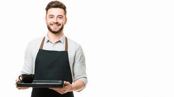 A smiling man holding a tray with a cup of coffee photo