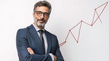 A man in a suit and glasses is standing in front of a graph photo