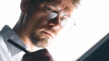 A man with glasses and a pen is looking at a laptop photo