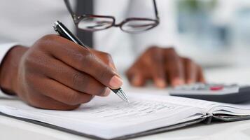 A man with glasses writing on a notebook with a calculator photo