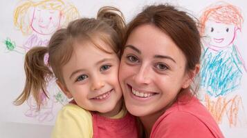 A woman and a child are smiling in front of a wall photo