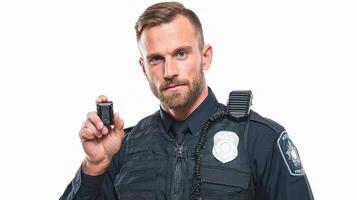 A man in a police uniform holding a cell phone photo