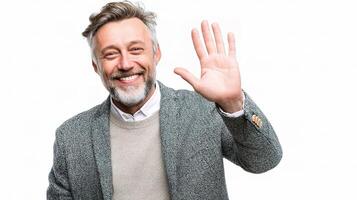 A man with a beard and a gray sweater is waving photo