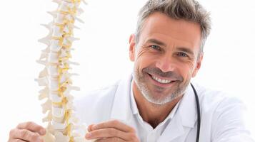 A smiling man holding a model of a spine photo
