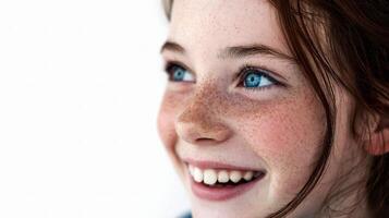 A young girl with freckles smiling photo