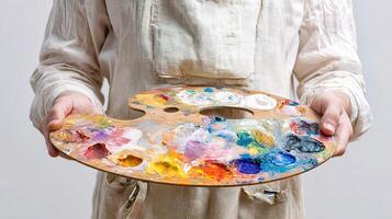 A person holding a palette of paint and brushes photo