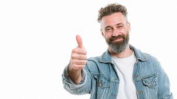 A man with a beard and a denim jacket is giving the thumbs up photo