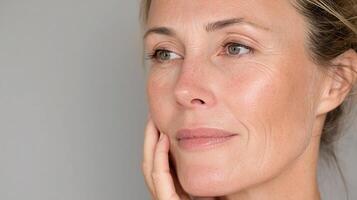 A woman with a wrinkled face looking at the camera photo