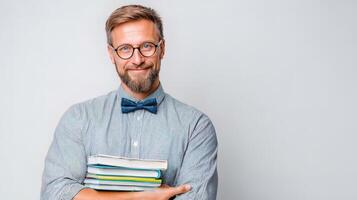 A man with glasses and bow tie holding books photo