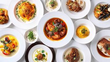 A variety of plates of food are arranged on a table photo