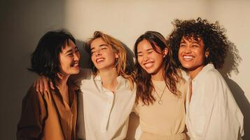 Four women smiling together in front of a wall photo