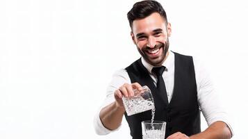 A man in a vest is pouring water into a glass photo