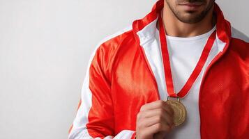 A man in a red jacket and white shirt holding a gold medal photo