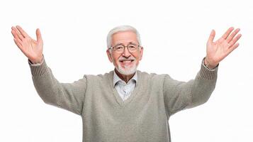 An older man with his hands up in the air photo