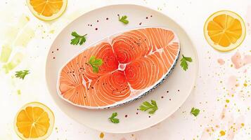 A plate with salmon and oranges on it photo