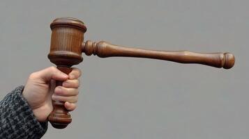 A person holding a wooden gavel over a gray background photo