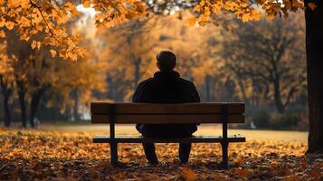 A person sitting on a bench in the middle of an autumn park photo