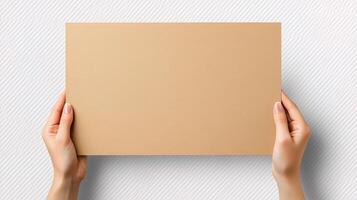 Hands holding a blank piece of paper on a white background photo