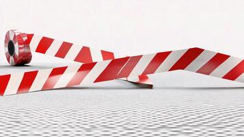 A red and white striped tape laying on the ground photo