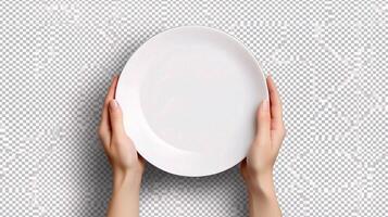 A person holding an empty plate on a white background photo