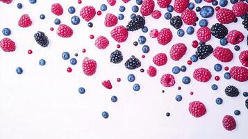 A white background with berries and raspberries photo