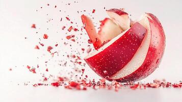An apple is being splattered with red liquid photo