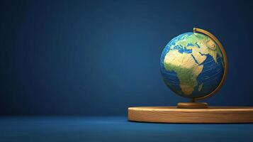 Earth globe on wooden stand against blue background 3d image photo
