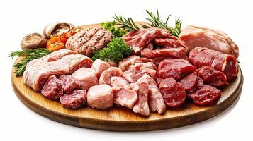 A wooden platter with meat and vegetables photo