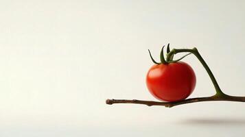 A tomato is sitting on a branch with a stem photo