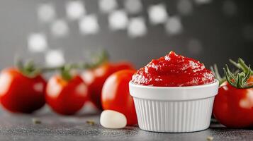 A bowl of tomato sauce with tomatoes and garlic photo